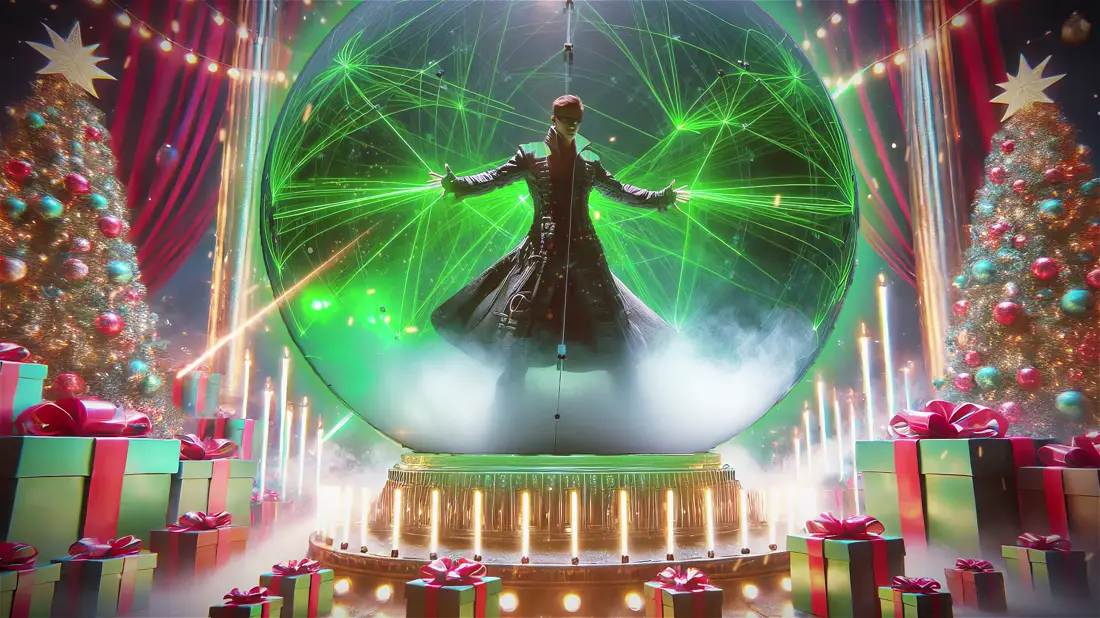 La esfera transparente iluminada de verde entre árboles de Navidad y montañas de regalos